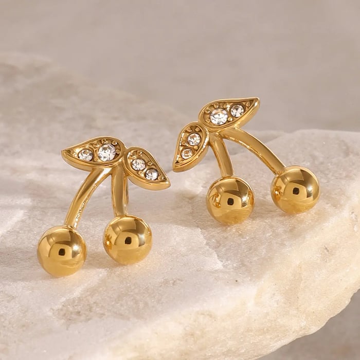 1 Pair Fashionable Sweet Style Cherry Shape Stainless Steel  Gold Color Inlay Zircon Women's Stud Earrings 